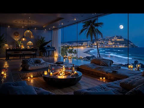 4K Tranquil Coastal Nightscape 🌊 Soft Piano Jazz in Luxury Apartment for Study, Relax & Sleep