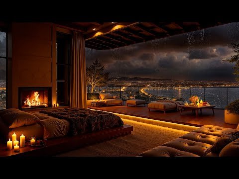 Cozy Apartment Ambience on a Rainy Night ⛈ Tender Jazz Saxophone Music & Rain Sounds to Study, Sleep